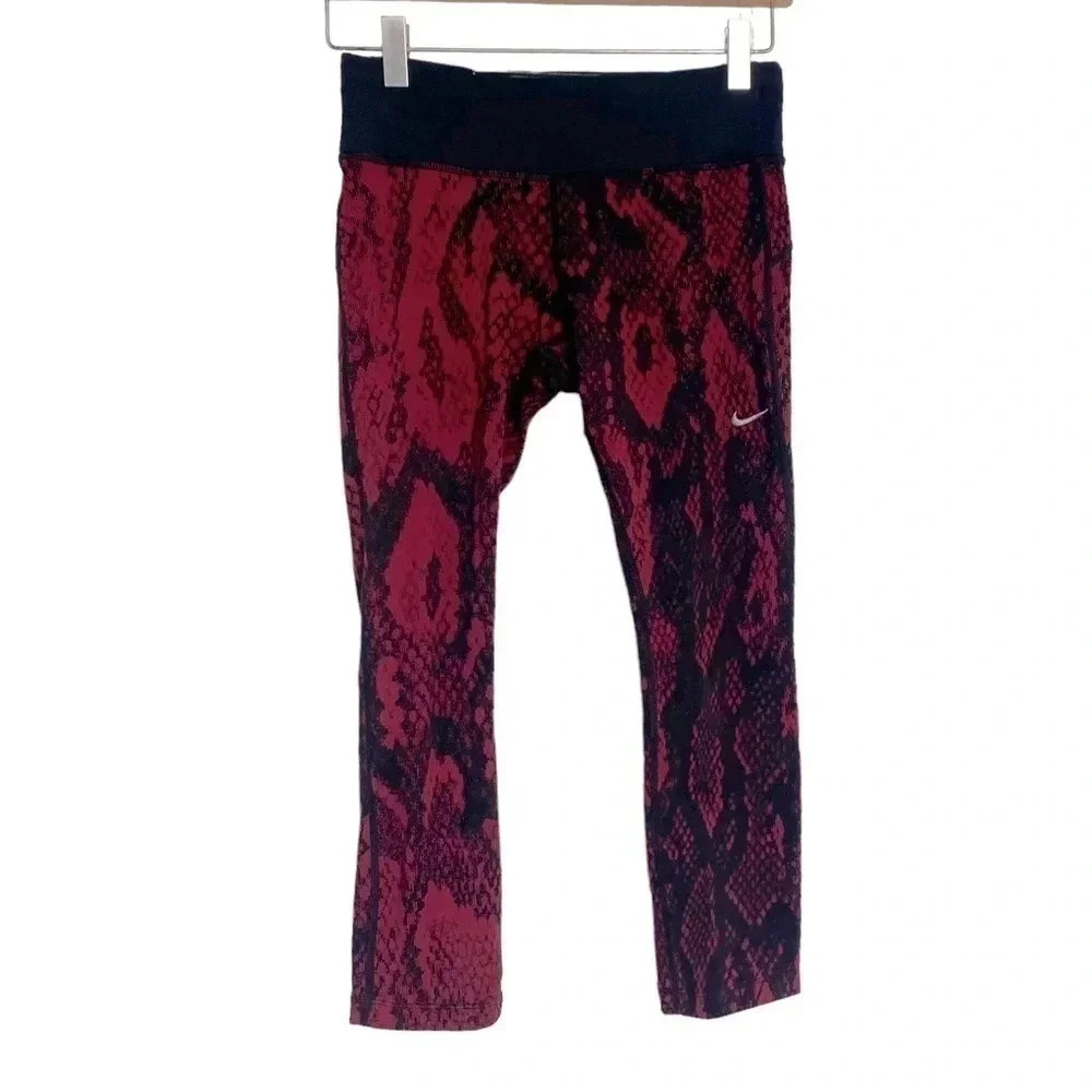 Nike Dri-FIT Epic Run Crop XS Red Black Snake Skin Print Compression Leggings